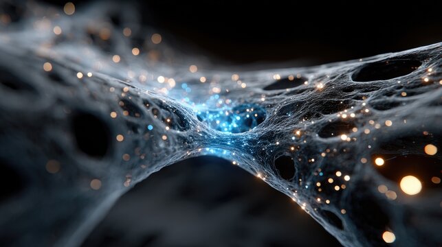 Abstract 3D rendering of architectural filaments forming a bridge between two synthetic cells with internal glowing blue light representing the future of intercellular medical communication 