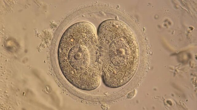Fundamental organism genesis: human cell, embryo develop, initial division, life form, cellular growth, mitotic event, cleavage stage, biological process, microscopic view, procreation start.