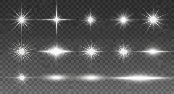 Collection of white starburst light effects for overlay and design