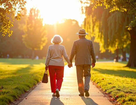 Fashionable elderly couple in red trousers holding hands on a sunlit park path