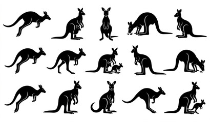 Kangaroo Silhouette Collection in Various Poses Isolated on White Background © Songkari