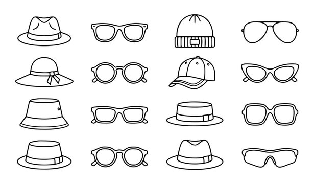 Collection of Hat and Sunglasses Outline Icons for Fashion Accessories Design