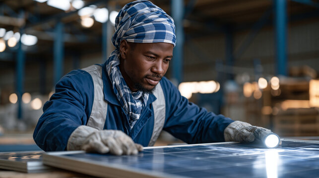 Manufacturing worker examining defective solar panel with ultraviolet lamp in recycling intake facility, material recovery, silicon cell assessment, panel end of life processing,