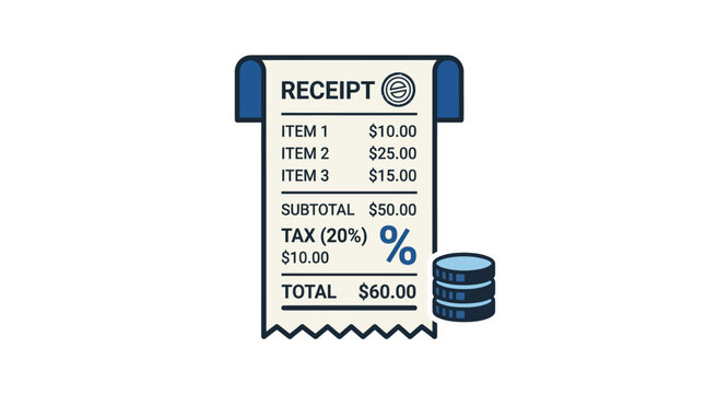 Sales receipt paper bill document showing tax deduction and total amount