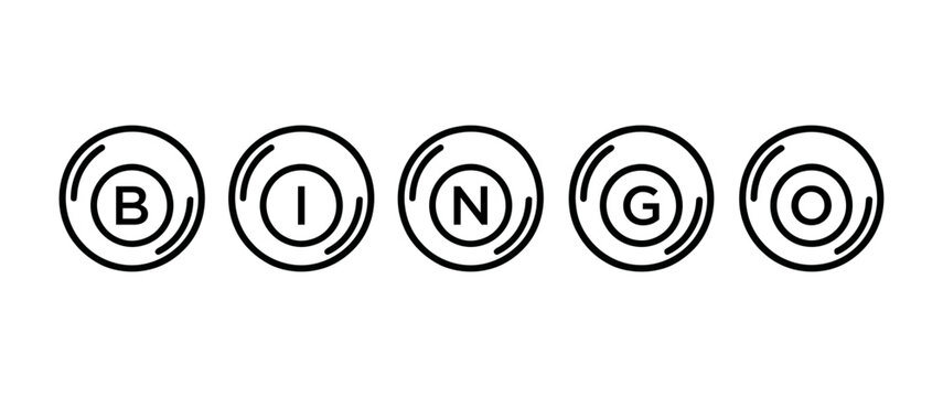 Line art illustration of five bingo balls spelling out the word BINGO, representing a classic game of chance and luck.