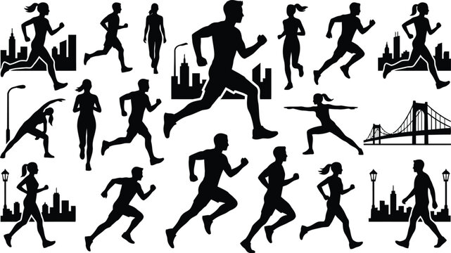 Silhouette runners and athletes in city background