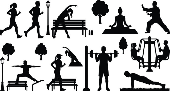 Black and white exercise and fitness icons set