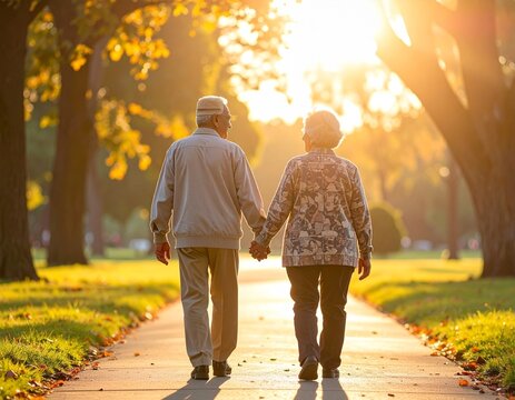 Elderly couple holding hands walking along a quiet park path at golden hour