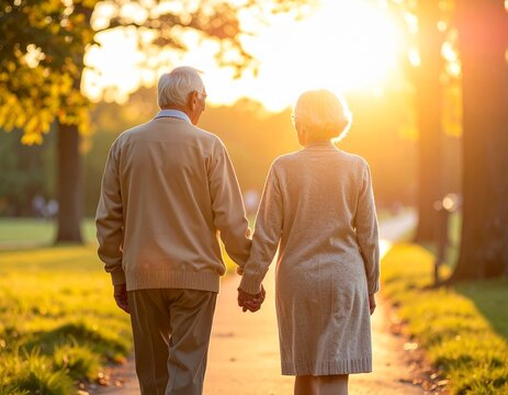 Loving elderly couple walking hand in hand in warm evening light