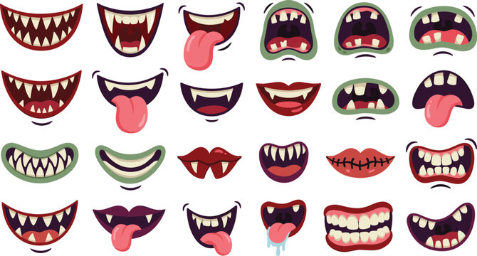 scary cartoon monster mouths and vampire fangs set halloween creepy creature smiles ai generated isolated vector illustration