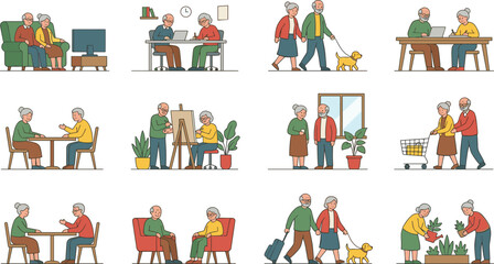 Fototapeta premium Elderly Couple Lifestyle Character Set Featuring Senior Citizens Watching Television, Painting, Gardening, Traveling, Shopping, and Walking Dog Graphic Designs