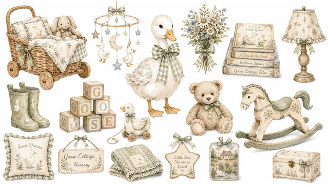 Goose Cottage Nursery Clipart Collection with Baby Goose Plush Toys, Storybooks, Floral Decor Cottage Nursery Accessories, and Vintage Children's Room Elements