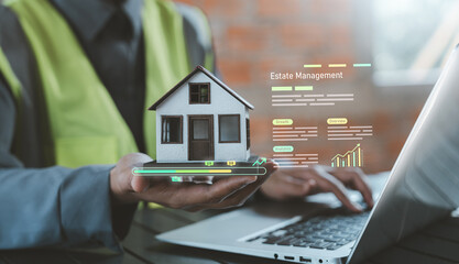 Real estate management house property agent laptop model hand investment mortgage digital platform...