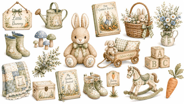 Garden Bunny Nursery Clipart Collection with Rabbit Plush, Floral Decor, Storybooks, Wooden Toys, Cottage Garden Elements, and Nursery Accessories