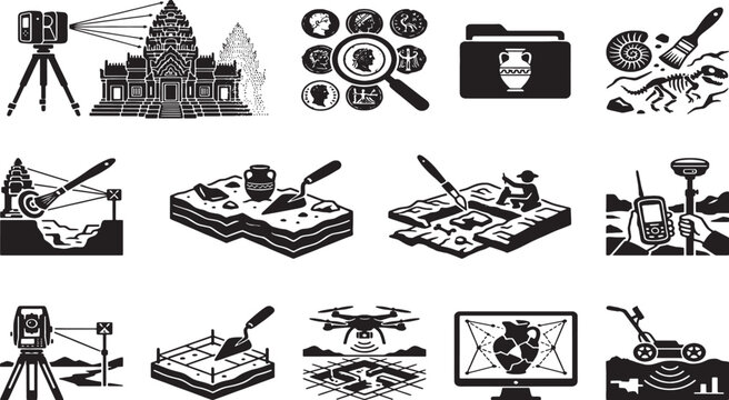 Archaeology research and discovery including ancient ruins surveying fossil excavation and artifact analysis