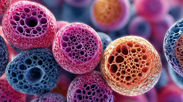 Close-up view of colorful cells highlighting intricate patterns and structures in scientific imagery.