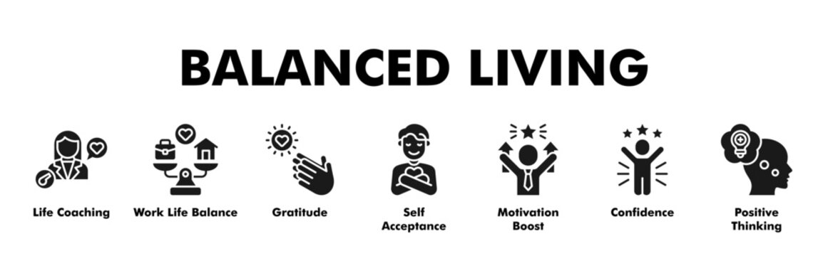BALANCED LIVING web banner icon vector illustration concept with icon of Life Coaching, Work Life Balance, Gratitude, Self Acceptance, Motivation Boost, Confidence, Positive Thinking 