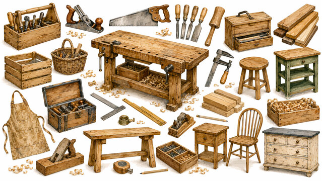 Woodworking Workshop Clipart Collection with Carpenter Tools, Workbench Furniture, Lumber Toolboxes, and Rustic Woodworking Elements