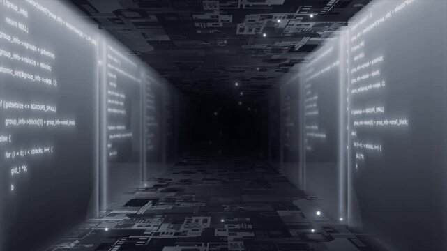 White color computer motherboard  binary code inside server raks with flowing particles sci fi tunnel futuristic design black seamless technology 3D background 