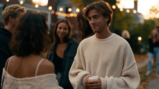 A group of adults at a neighborhood autumn block party awkwardly exchanging numbers for the first time, all of them clearly past the age when friendship comes easily, the mix of