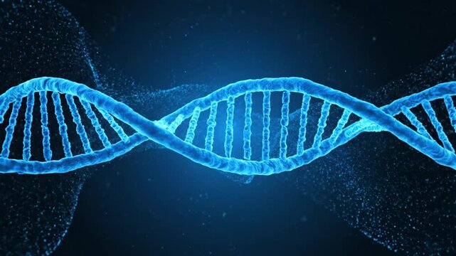 Blue DNA double helix strand on a dark scientific background