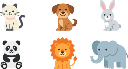 Obraz premium Cute Cartoon Animal Vector Icon Set Featuring Sitting Cat, Domestic Dog, Fluffy Rabbit, Giant Panda, Wild Lion, and Baby Elephant Isolated on White