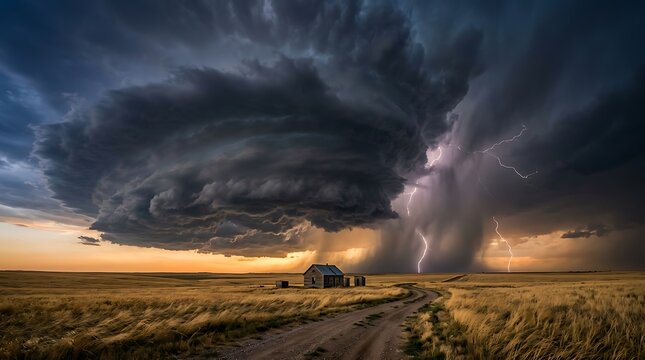 Severe supercell thunderstorm over prairie landscape with lightning strike at sunset lightning supercell landscape dramatic