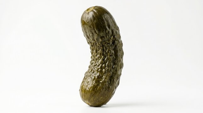 Single gherkin pickle, a brined cucumber with a bumpy texture, perfect for food photography and healthy eating concepts. A savory snack or condiment ingredient.