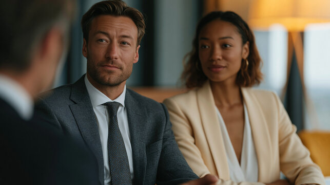 Two coworkers exchanging a long look across a conference table while a third colleague speaks over them both, the nonverbal solidarity between targets of subtle workplace