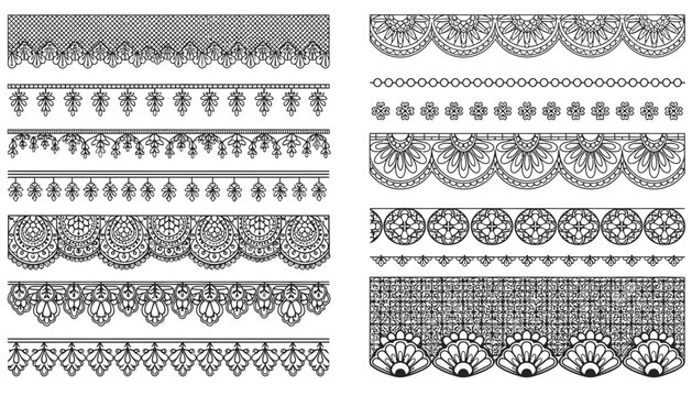 Collection of various ornate lace borders and floral patterns for design and decoration purposes