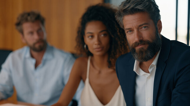 Two coworkers exchanging a long look across a conference table while a third colleague speaks over them both, the nonverbal solidarity between targets of subtle workplace