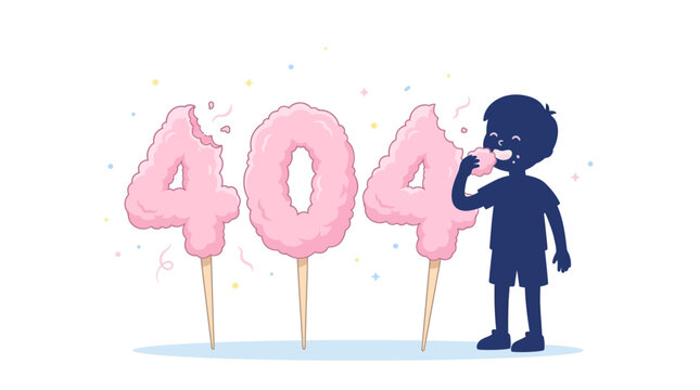 404 Error Made Of Pink Cotton Candy Being Eaten By Happy Child For Sweet Website Page Not Found And Fun Error Concept Illustration