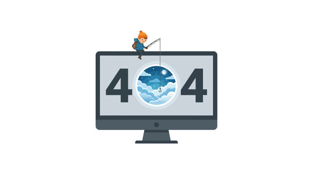 404 Error On Computer Monitor With Boy Fishing Into Night Sky Cloud Portal For Website Page Not Found Search And Hope Concept