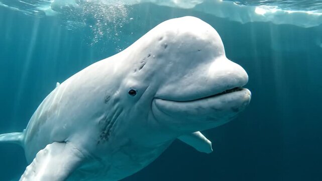 A majestic white beluga whale swims gracefully towards the camera in the clear blue arctic ocean, its curious gaze captivating.