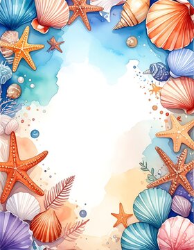 Colorful seashells and starfish border frame.