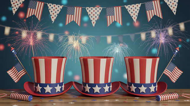 Uncle sams hats with american flags fireworks and festive bunting for fourth of july celebration independence day usa holiday.