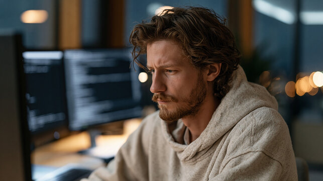 Software developer reviewing smart contract payment code displayed across multiple monitors in rain-soaked rooftop server room, blockchain transaction execution logic visible,