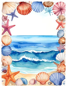 Seashells and starfish beach ocean border.