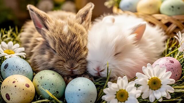 Two adorable kittens snuggle among daisies and speckled pastel Easter eggs in spring