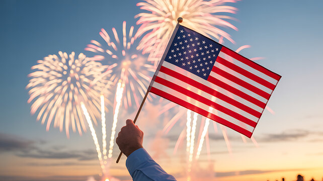 Hand holding small american flag against sunset sky with radiant firework displays in distance capturing spirit of patriotic national holiday celebration in united states atmosphere.
