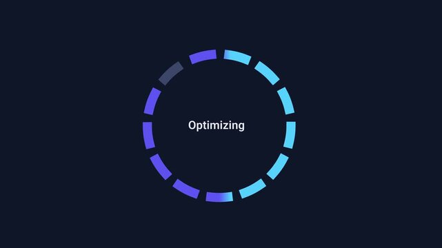 Animated digital interface displaying an optimization status ring with segmented progress indicator on a dark background, representing system enhancement, performance improvement, workflow efficiency,
