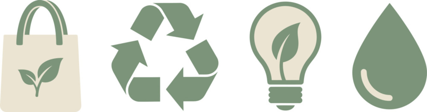 Eco-friendly sustainability icons featuring recycling symbol green energy bulb and water conservation concepts for organic environmental design projects