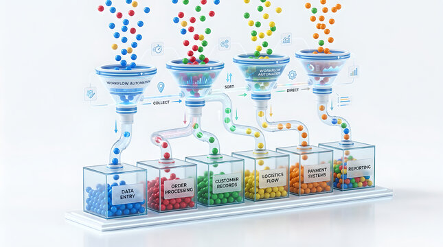 Conceptual 3D illustration of data sorting and processing into organized storage containers.