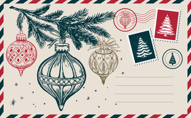 Obraz premium Christmas postcard with branch tree and ball New Year card 
