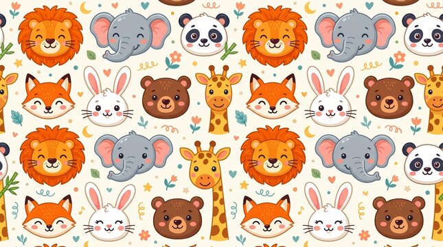 Seamless pattern featuring adorable animal faces including lion, elephant, panda, fox, rabbit, bear, and giraffe, colorful children's design, clean vector illustration style, ultra detailed, 8k.