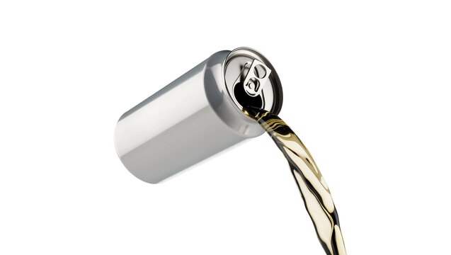 Isolated aluminum beverage can pouring dark golden refreshing drink, fizzing liquid stream.