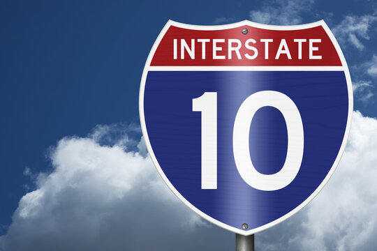 American Interstate I10 sign with sky for transportation