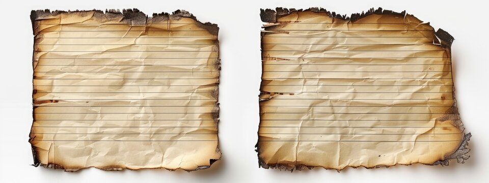 Torn burned lined sheet paper, aged document, white space, historic backdrop