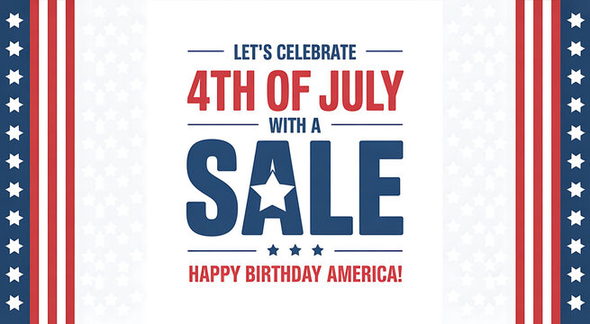 Independence day seasonal sale poster featuring typography and patriotic borders with stars and vertical stripes for american holiday promotional campaign and retail store signage.