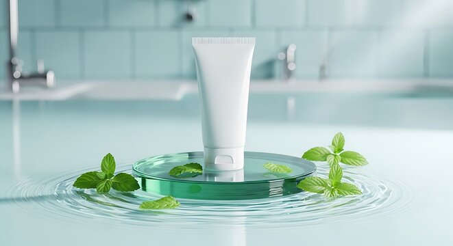 Blank white cosmetic tube for cream or lotion standing on a glass pedestal with fresh green mint leaves in water